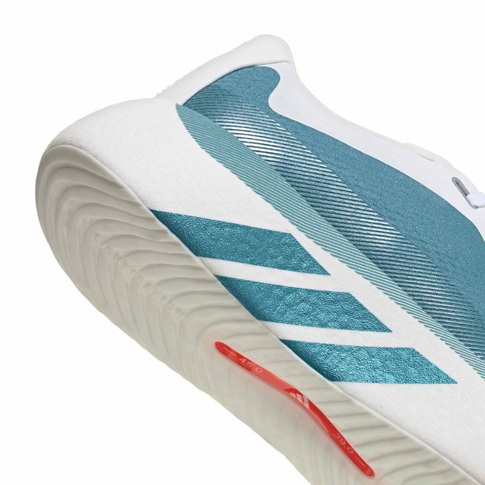 Close-up view of the rearfoot section of the right shoe from a pair of adidas Men's Hyperboost Edge Running Shoes in the Ftwr White/Petrol Met./Lucid Red colourway.