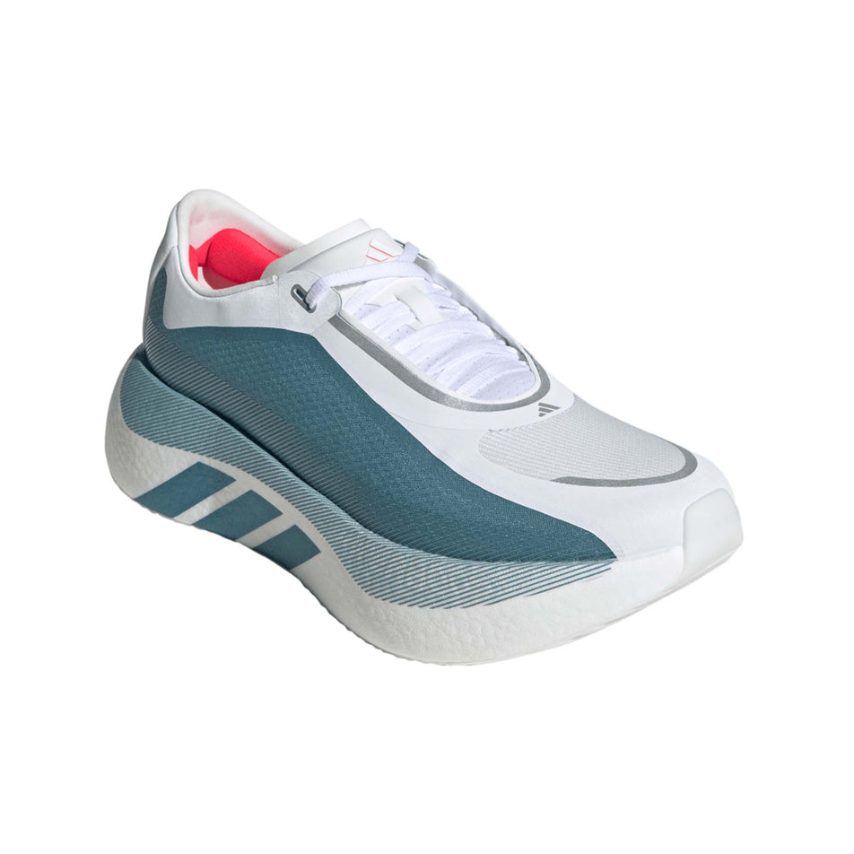 Lateral view of the right shoe from a pair of adidas Men's Hyperboost Edge Running Shoes in the Ftwr White/Petrol Met./Lucid Red colourway.