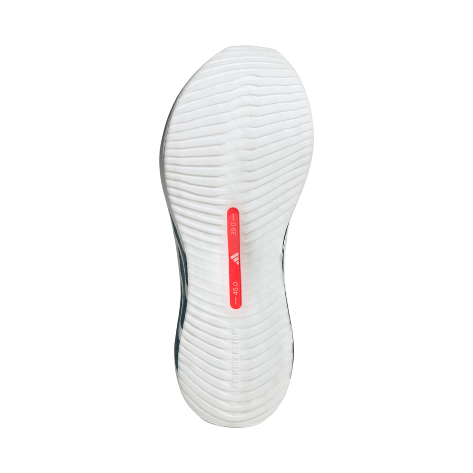 The outsole of the right shoe from a pair of adidas Men's Hyperboost Edge Running Shoes in the Ftwr White/Petrol Met./Lucid Red colourway.