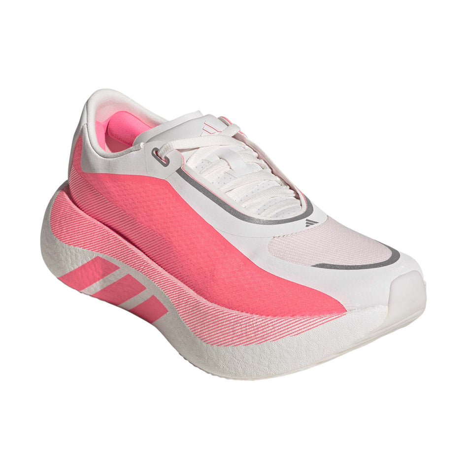 Lateral view of the right shoe from a pair of adidas Women's Hyperboost Edge Running Shoes in the Hyper White/Solar Turbo/Solar Turbo colourway.