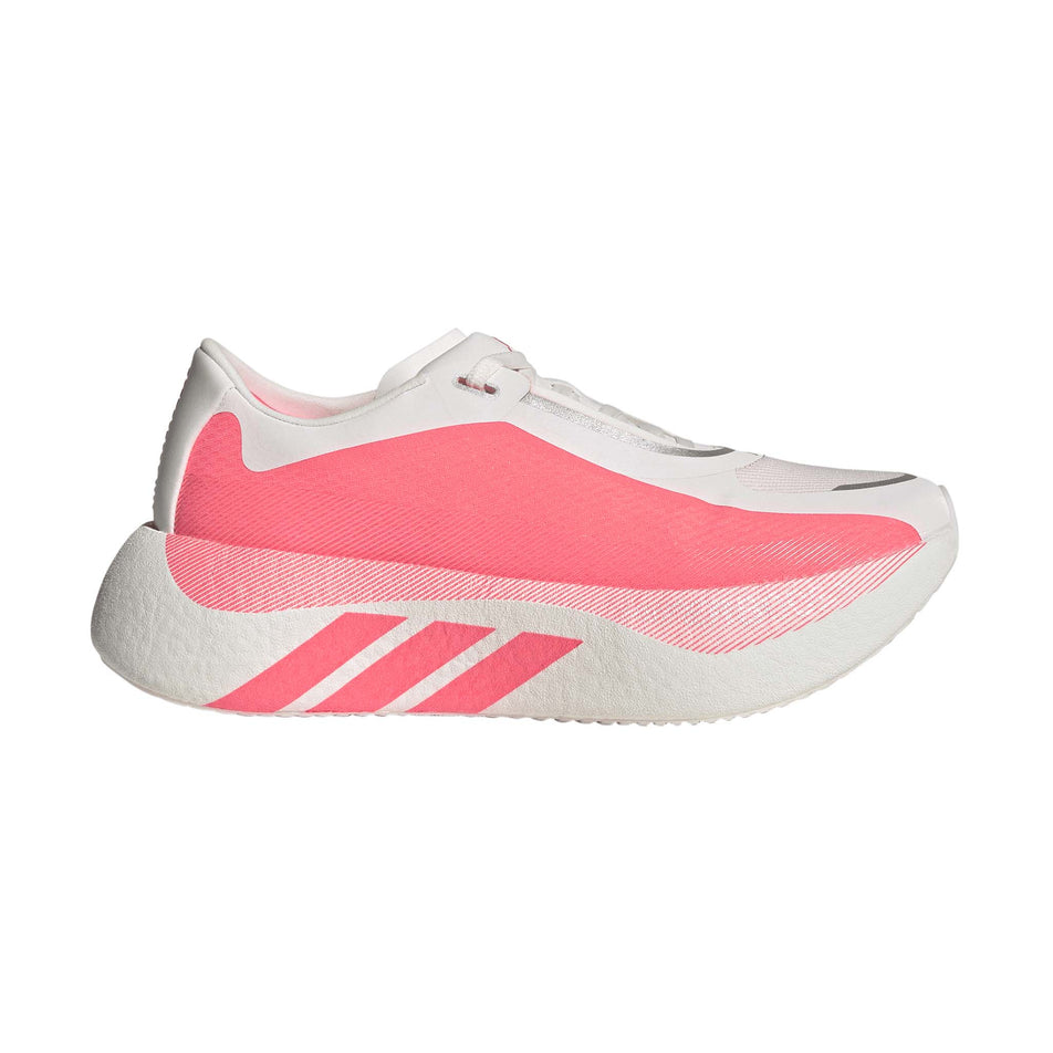Lateral view of the right shoe from a pair of adidas Women's Hyperboost Edge Running Shoes in the Hyper White/Solar Turbo/Solar Turbo colourway.