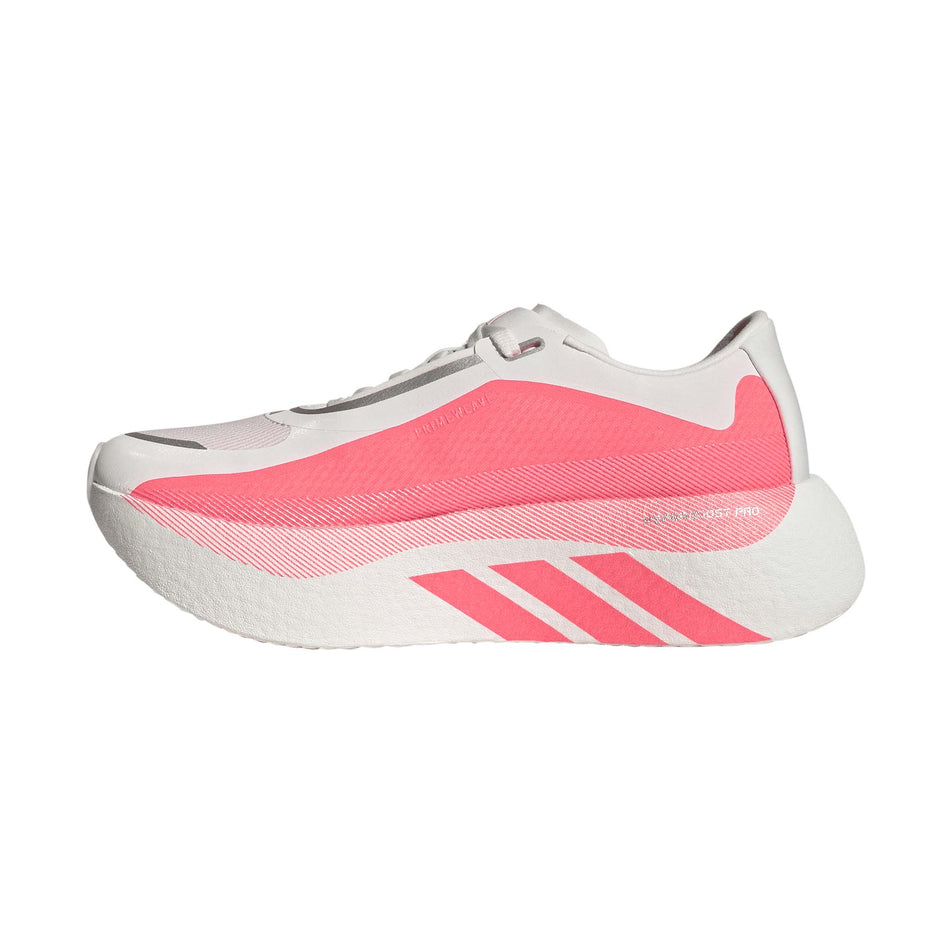 Medial view of the right shoe from a pair of adidas Women's Hyperboost Edge Running Shoes in the Hyper White/Solar Turbo/Solar Turbo colourway.