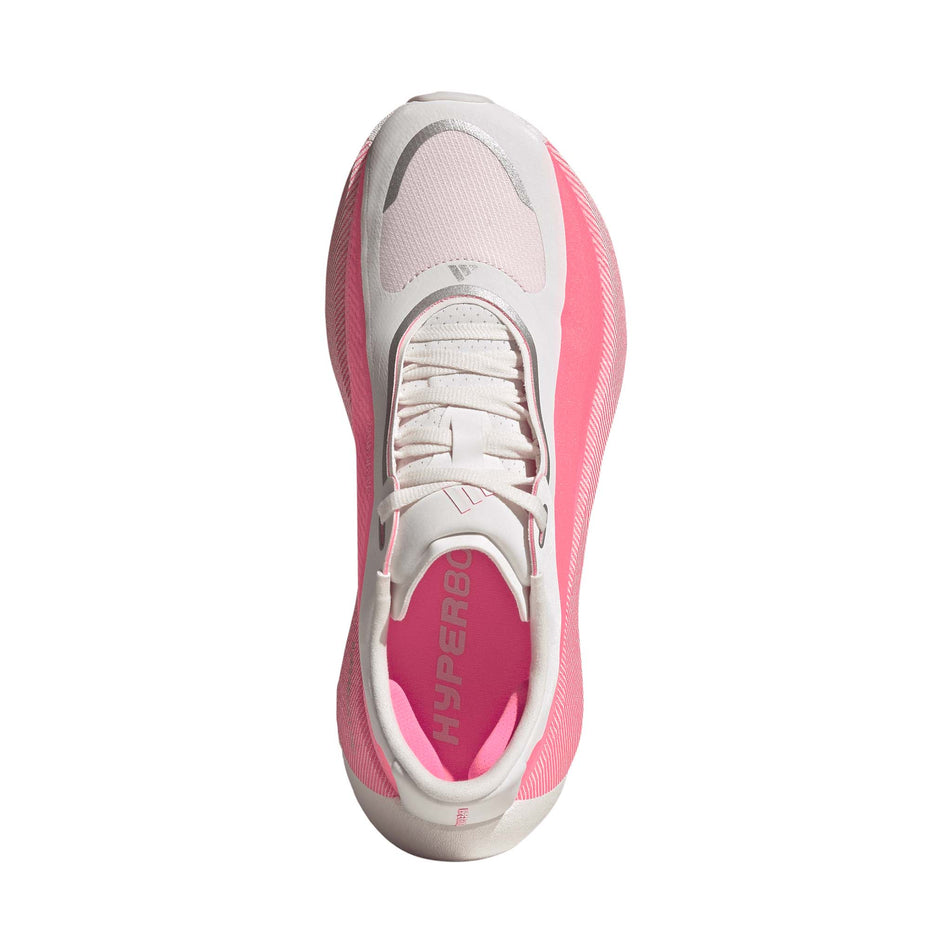 The upper of the right shoe from a pair of adidas Women's Hyperboost Edge Running Shoes in the Hyper White/Solar Turbo/Solar Turbo colourway.