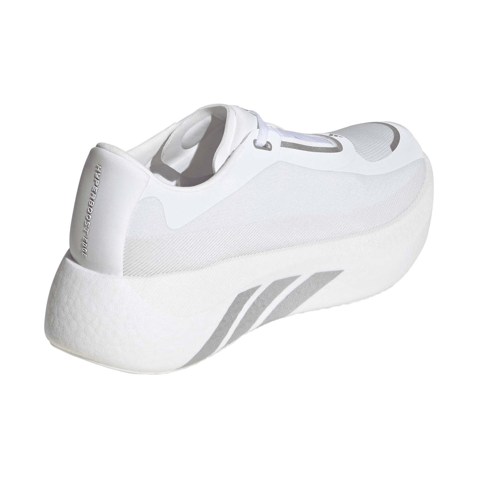 Lateral view of the right shoe from a pair of adidas Women's Hyperboost Edge Running Shoes in the Ftwr White/Silver Met./Zero Met. colourway.