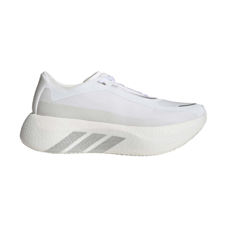 Lateral view of the right shoe from a pair of adidas Women's Hyperboost Edge Running Shoes in the Ftwr White/Silver Met./Zero Met. colourway.