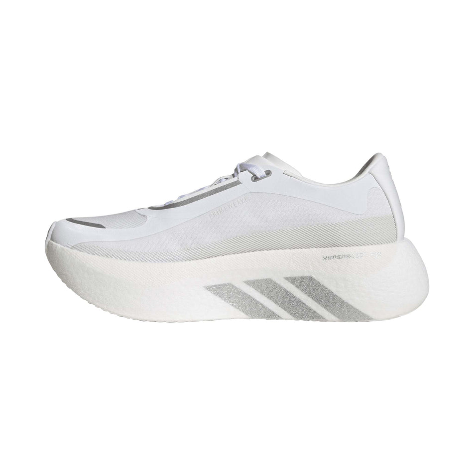 Medial view of the right shoe from a pair of adidas Women's Hyperboost Edge Running Shoes in the Ftwr White/Silver Met./Zero Met. colourway.
