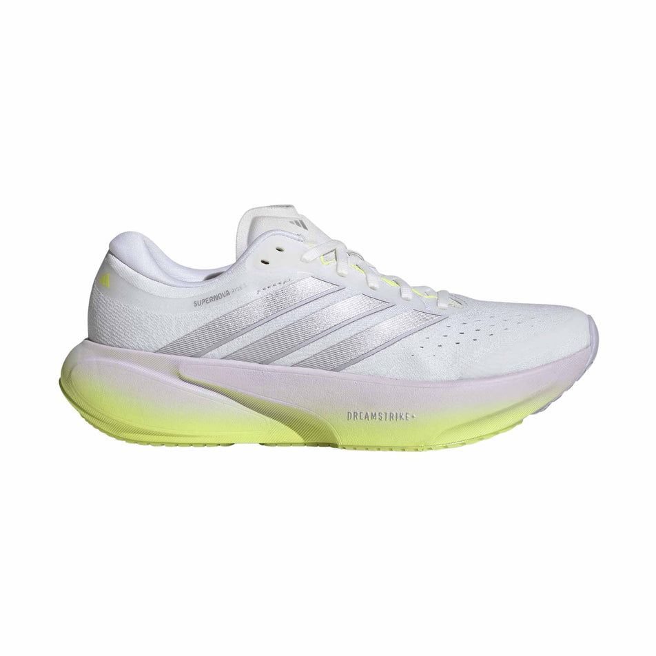 Lateral view of the right shoe from a pair of adidas Women's Supernova Rise 3 Running Shoes in the Crystal White/Silver Met./Purple Tint colourway.