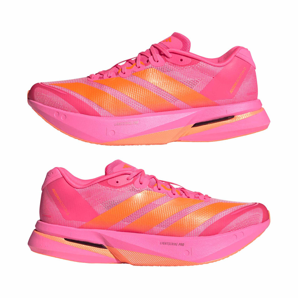 A pair of adidas Men's Adizero Boston 13 Running Shoes in the Lucid Pink/Lucid Orange/Iron Met. colourway.