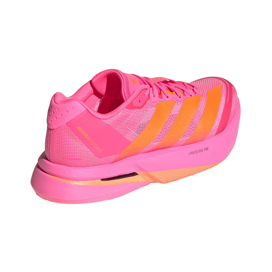 Lateral view of the right shoe from a pair of adidas Men's Adizero Boston 13 Running Shoes in the Lucid Pink/Lucid Orange/Iron Met. colourway.