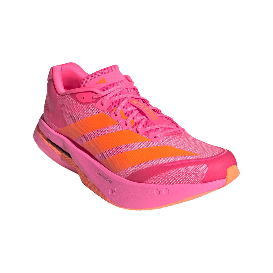 Lateral view of the right shoe from a pair of adidas Men's Adizero Boston 13 Running Shoes in the Lucid Pink/Lucid Orange/Iron Met. colourway.