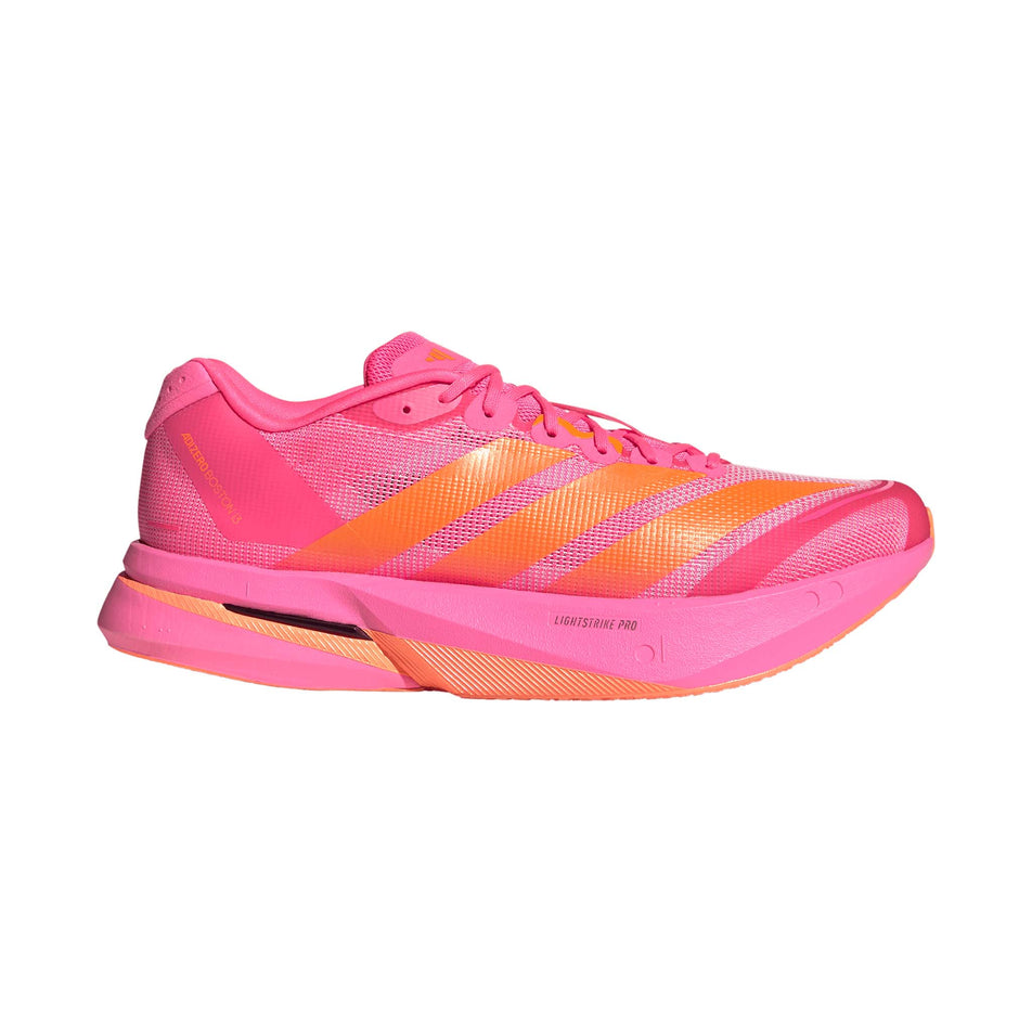 Lateral view of the right shoe from a pair of adidas Men's Adizero Boston 13 Running Shoes in the Lucid Pink/Lucid Orange/Iron Met. colourway.