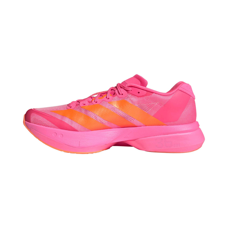 Medial view of the right shoe from a pair of adidas Men's Adizero Boston 13 Running Shoes in the Lucid Pink/Lucid Orange/Iron Met. colourway.