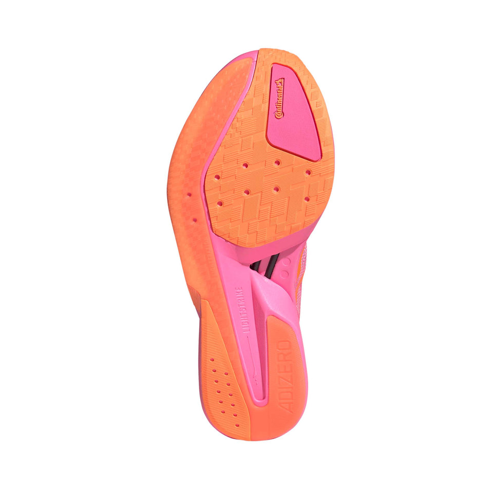 The outsole of the right shoe from a pair of adidas Men's Adizero Boston 13 Running Shoes in the Lucid Pink/Lucid Orange/Iron Met. colourway.