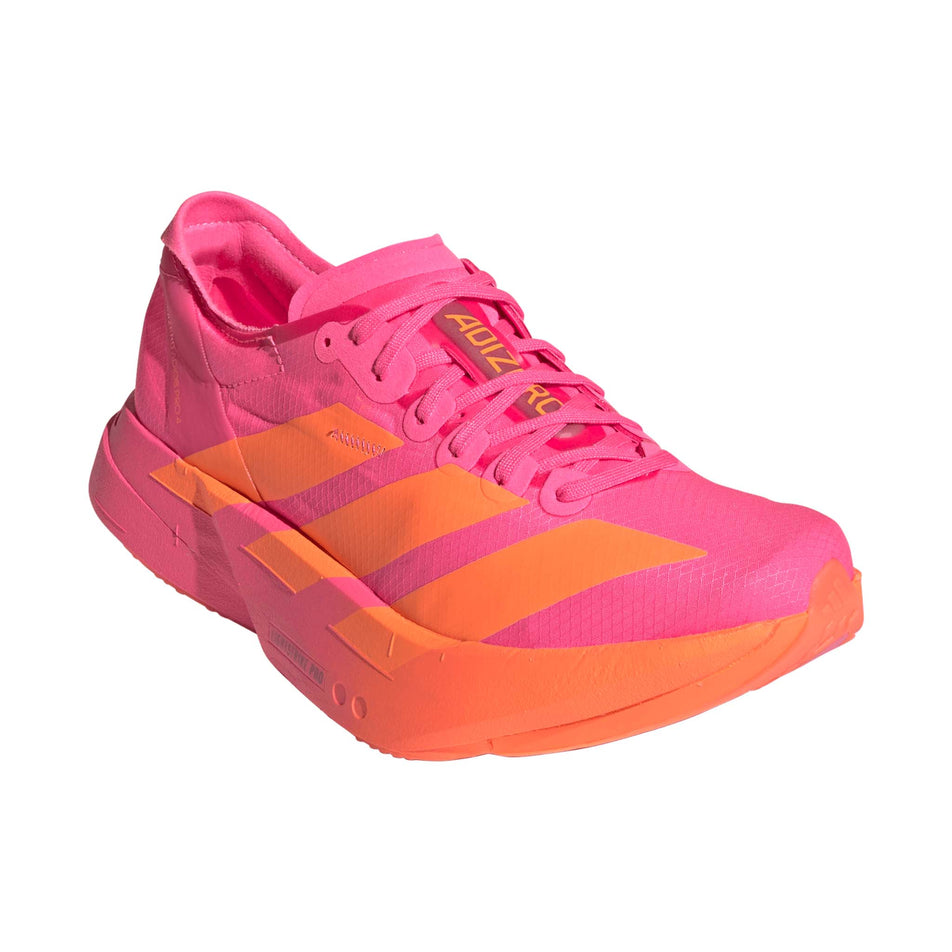 Lateral view of the right shoe from a pair of adidas Women's Adizero Adios Pro 4 Running Shoes in the Lucid Pink/Lucid Orange/Iron Met. colourway.