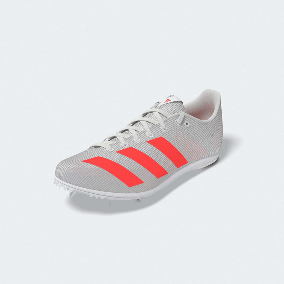 Lateral view of the left shoe from a pair of adidas Junior-Unisex Allroundstar Running Spikes in the Ftwr White/Solar Turbo/Gold Met. colourway.