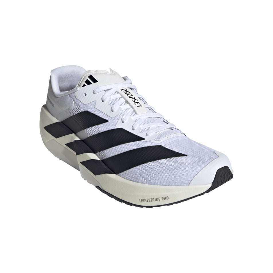 Lateral view of the right shoe from a pair of adidas Men's Adizero Dropset Pro Shoes in the Footwear White/Core Black/Footwear White colourway.
