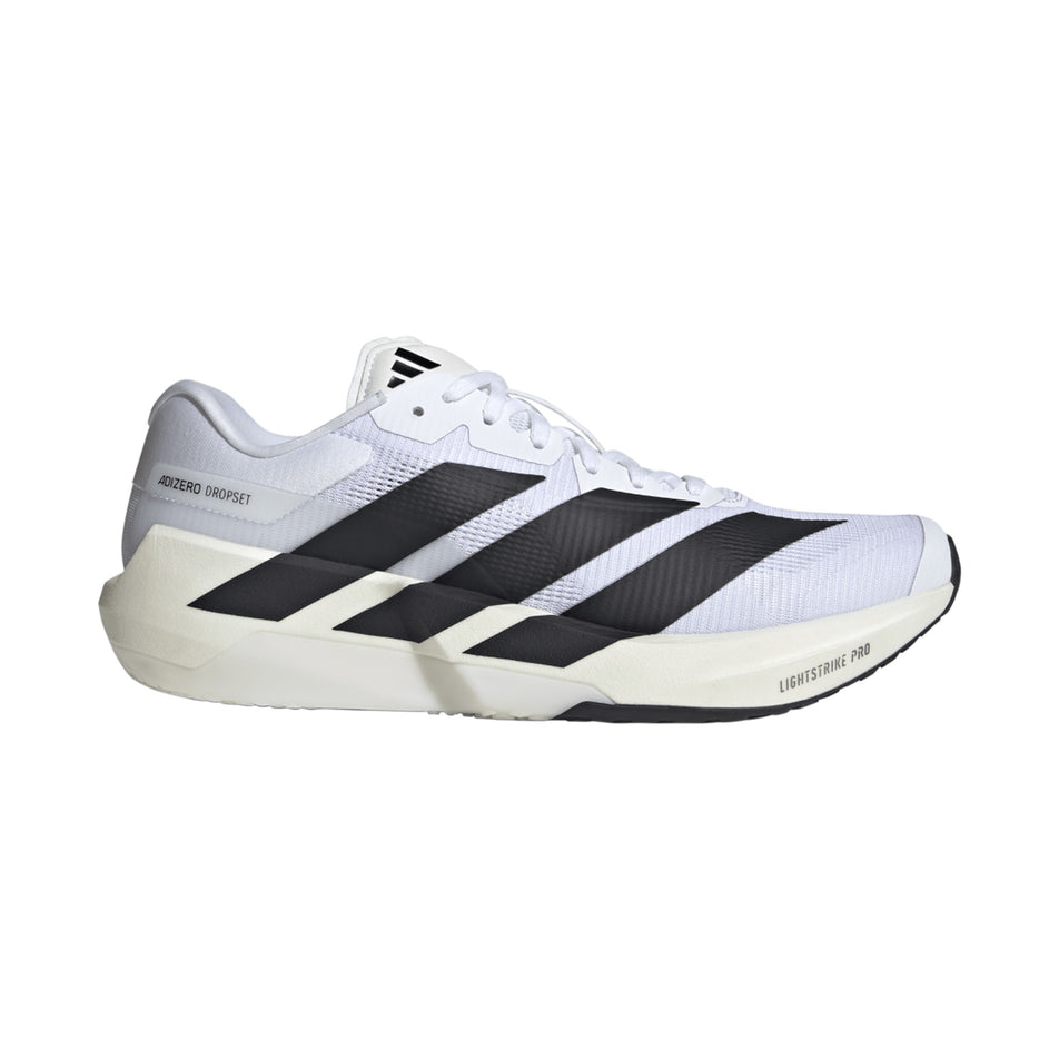 Lateral view of the right shoe from a pair of adidas Men's Adizero Dropset Pro Shoes in the Footwear White/Core Black/Footwear White colourway.