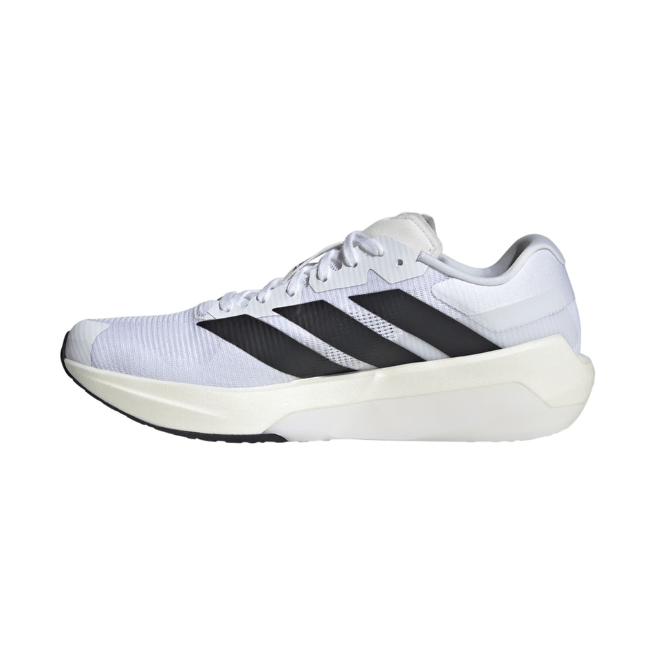 Medial view of the right shoe from a pair of adidas Men's Adizero Dropset Pro Shoes in the Footwear White/Core Black/Footwear White colourway.