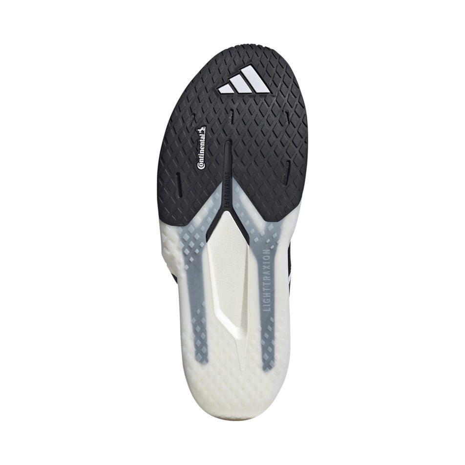 The outsole of the right shoe from a pair of adidas Men's Adizero Dropset Pro Shoes in the Footwear White/Core Black/Footwear White colourway.