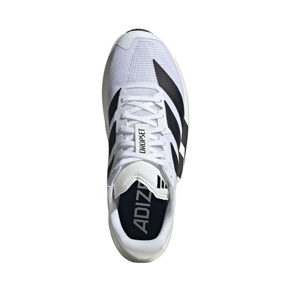 The upper of the right shoe from a pair of adidas Men's Adizero Dropset Pro Shoes in the Footwear White/Core Black/Footwear White colourway.