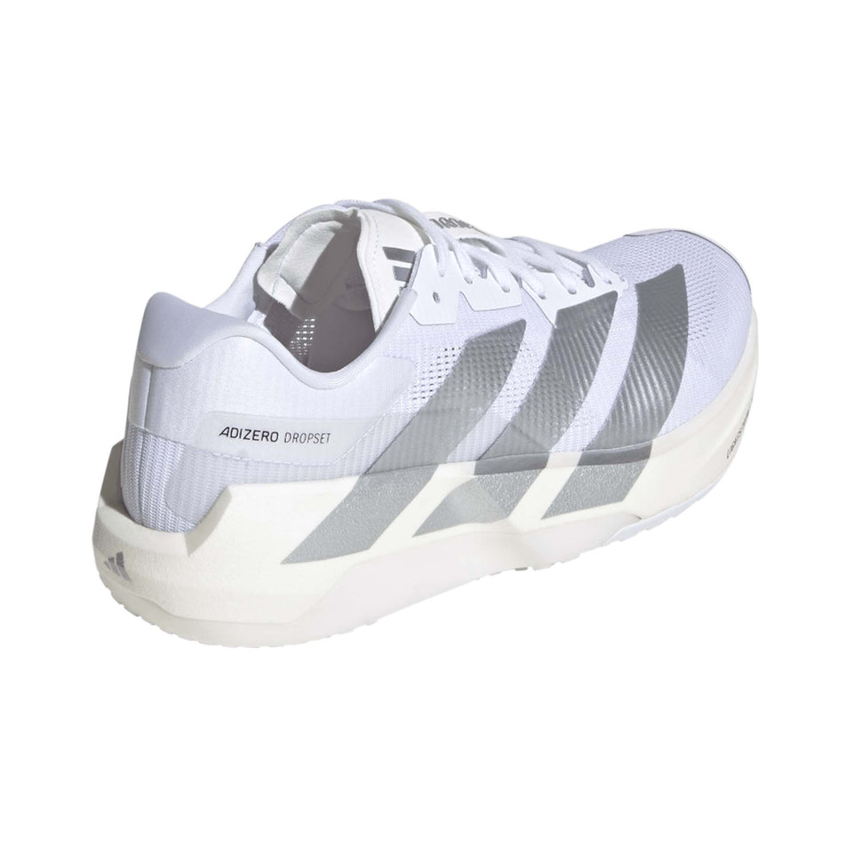 Lateral view of the right shoe from a pair of adidas Women's Adizero Dropset Pro Shoes in the Footwear White/Silver Met./Footwear White colourway.