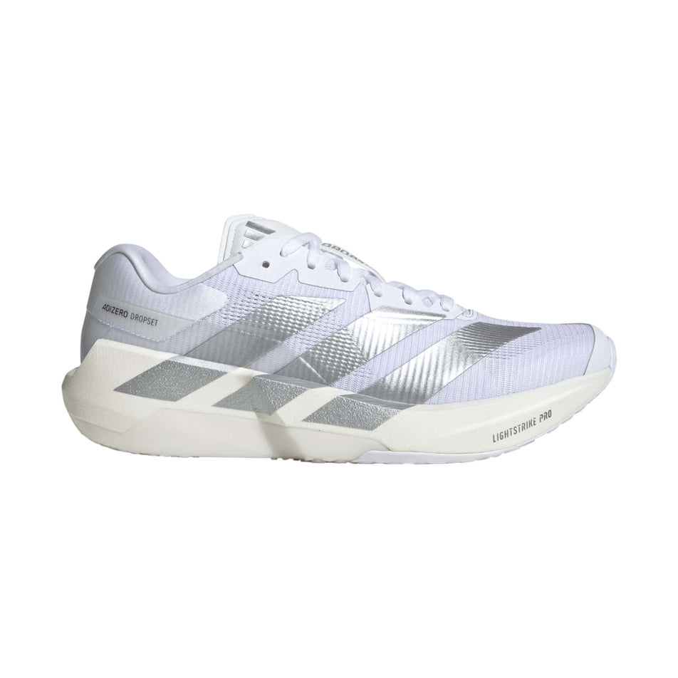 Lateral view of the right shoe from a pair of adidas Women's Adizero Dropset Pro Shoes in the Footwear White/Silver Met./Footwear White colourway.
