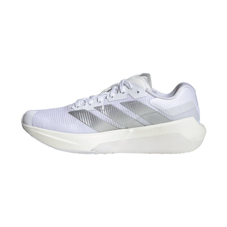 Medial view of the right shoe from a pair of adidas Women's Adizero Dropset Pro Shoes in the Footwear White/Silver Met./Footwear White colourway.