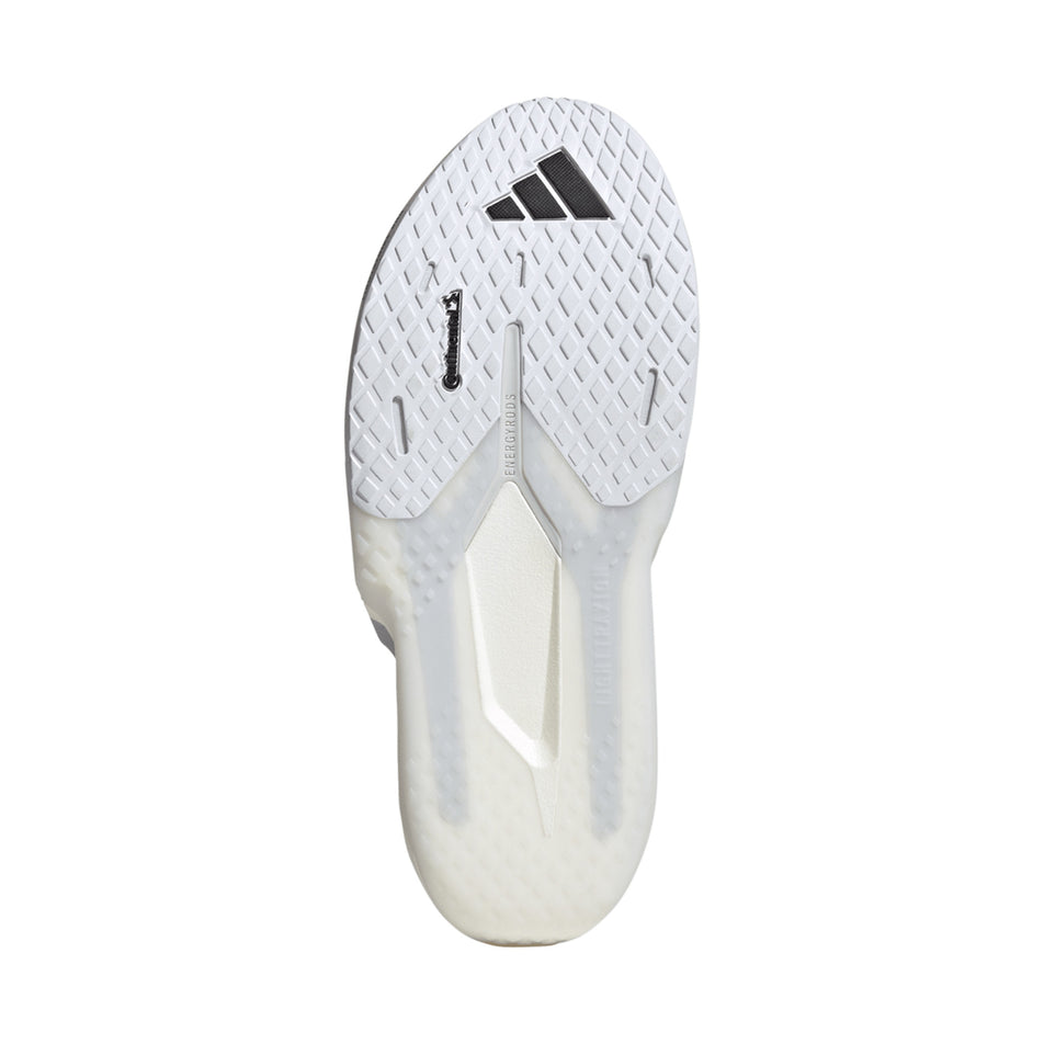 The outsole of the right shoe from a pair of adidas Women's Adizero Dropset Pro Shoes in the Footwear White/Silver Met./Footwear White colourway.