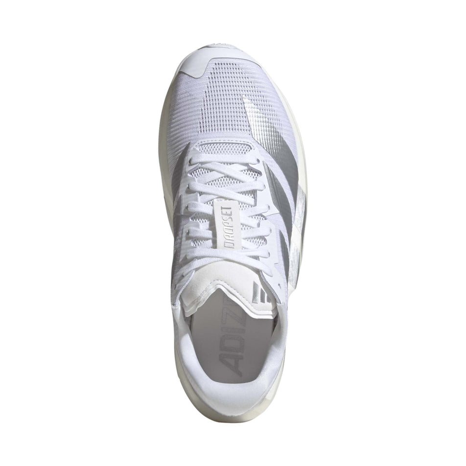 The upper of the right shoe from a pair of adidas Women's Adizero Dropset Pro Shoes in the Footwear White/Silver Met./Footwear White colourway.