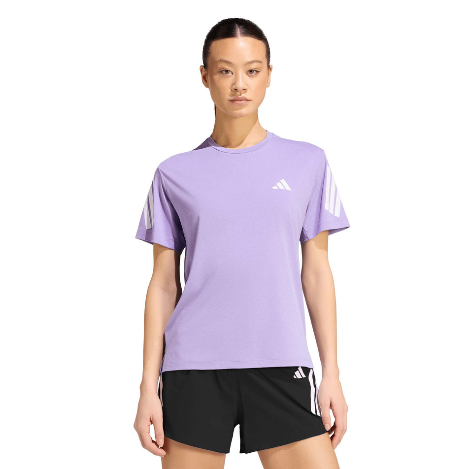 Front view of a model wearing the adidas Women's adi365 Tee in the Magic Lilac colourway.