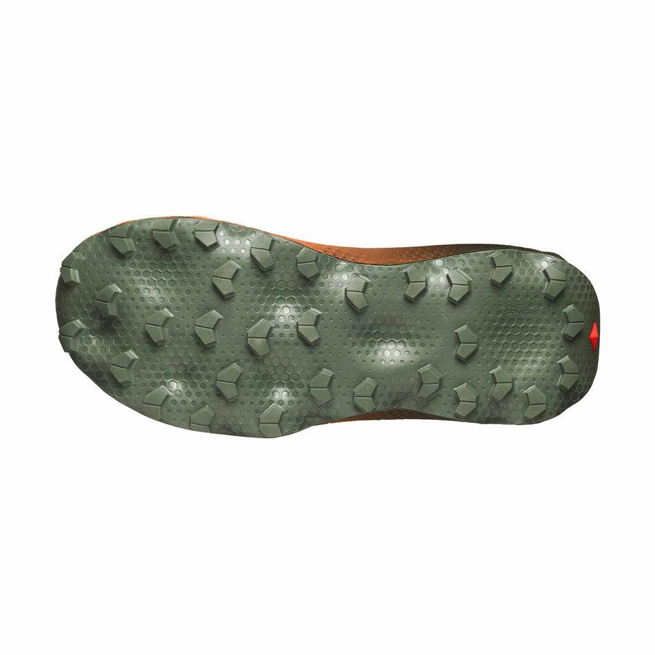 The outsole of the left shoe from a pair of Salomon Men's Ultra Glide 4 Trail Running Shoes in the Urban Chic/Black colourway.