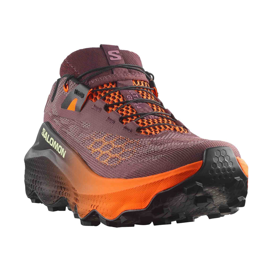 Lateral view of the right shoe from a pair of Salomon Women's Ultra Glide 4 Trail Running Shoes in the Huckleberry/Black colourway.