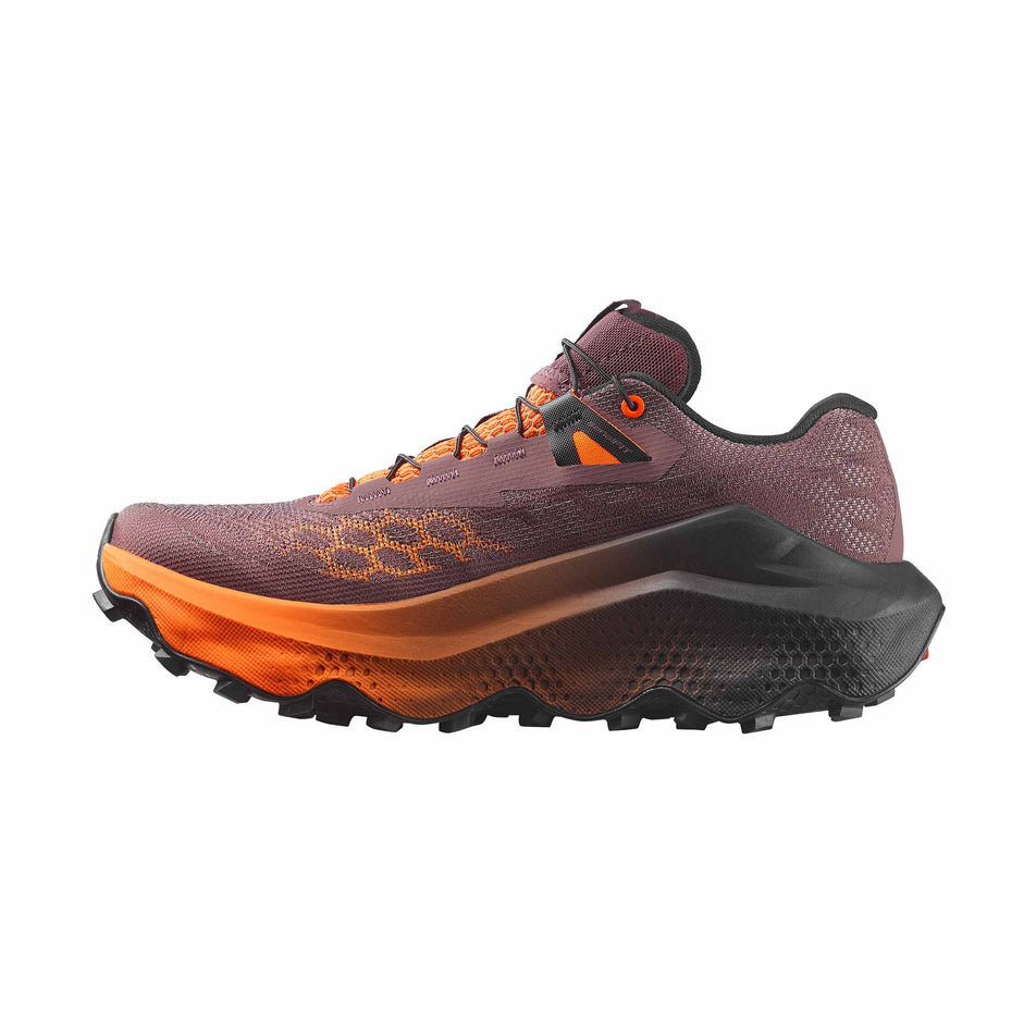 Medial view of the right shoe from a pair of Salomon Women's Ultra Glide 4 Trail Running Shoes in the Huckleberry/Black colourway.