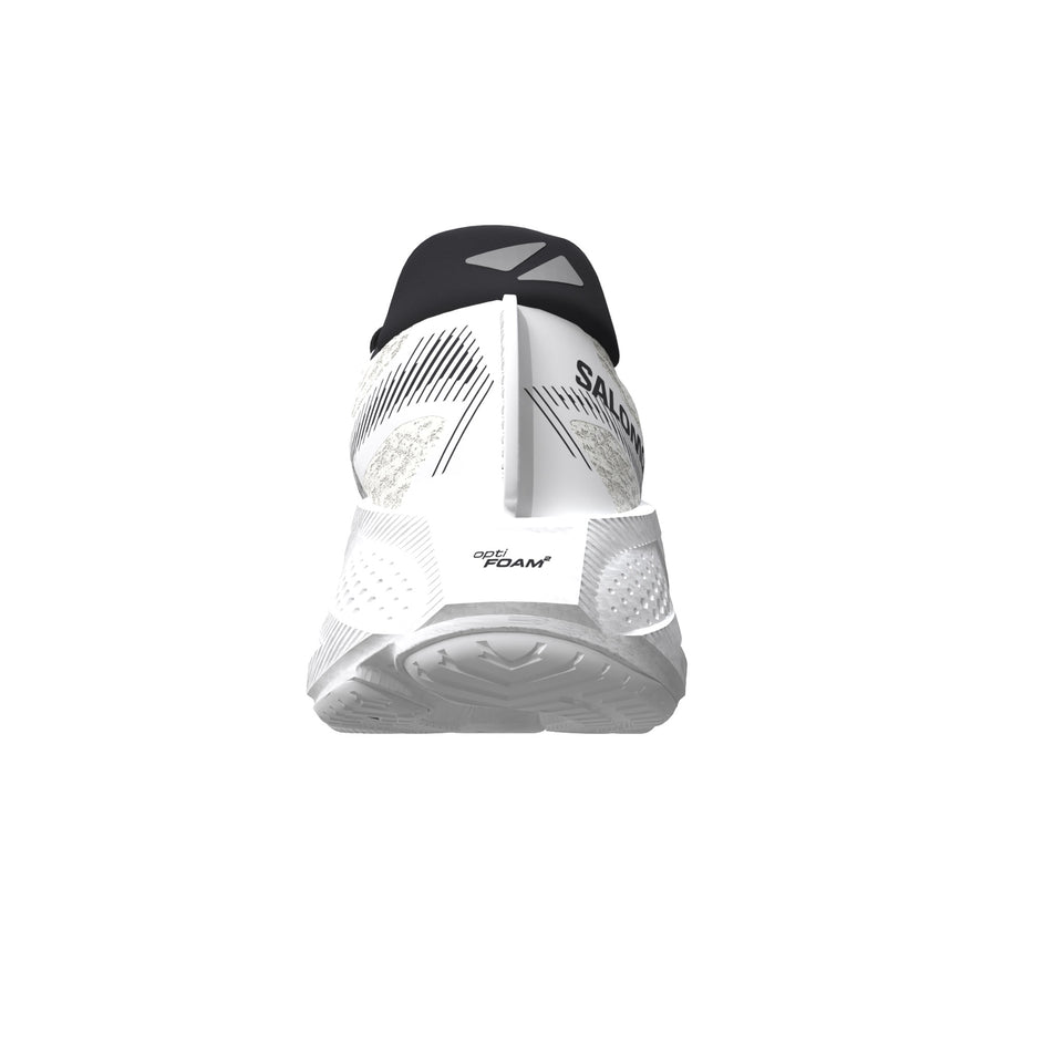 The back of the right shoe from a pair of Salomon Men's Aero Glide 4 Running Shoes in the White/Sunny Lime colourway.