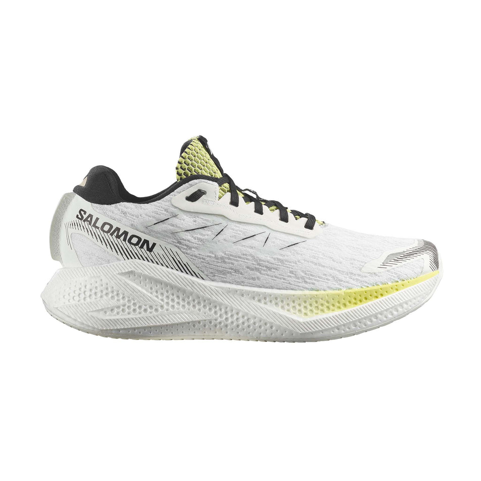 Lateral view of the right shoe from a pair of Salomon Men's Aero Glide 4 Running Shoes in the White/Sunny Lime colourway.