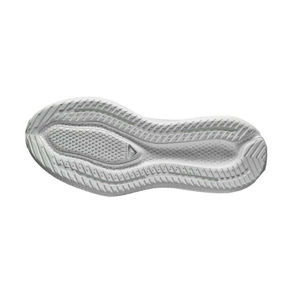 The outsole of the right shoe from a pair of Salomon Men's Aero Glide 4 Running Shoes in the White/Sunny Lime colourway.