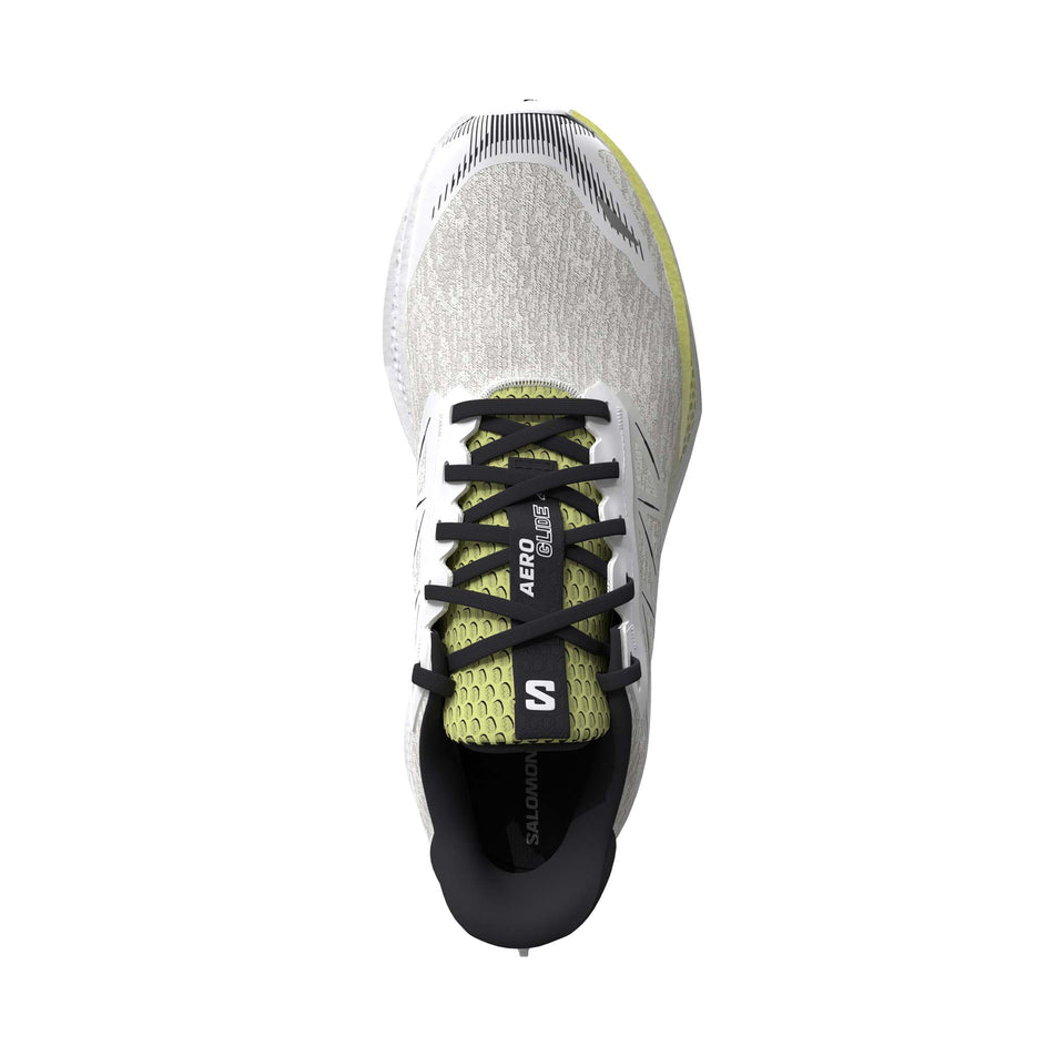The upper of the right shoe from a pair of Salomon Men's Aero Glide 4 Running Shoes in the White/Sunny Lime colourway.