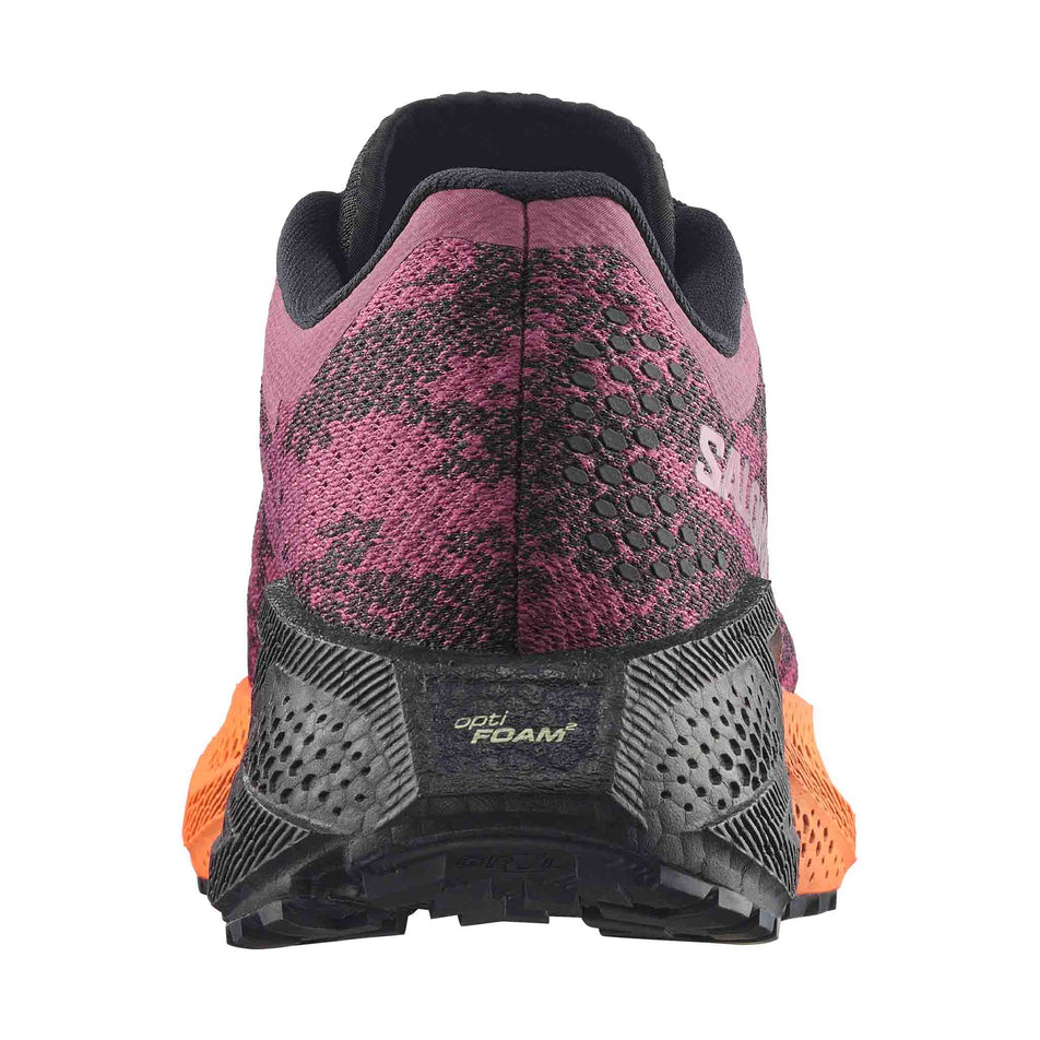The back of the right shoe from a pair of Salomon Women's Aero Glide 4 GRVL Running Shoes in the Nocturne/Black colourway.