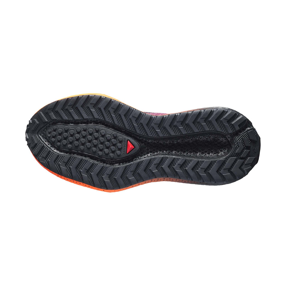 The outsole of the right shoe from a pair of Salomon Women's Aero Glide 4 GRVL Running Shoes in the Nocturne/Black colourway.