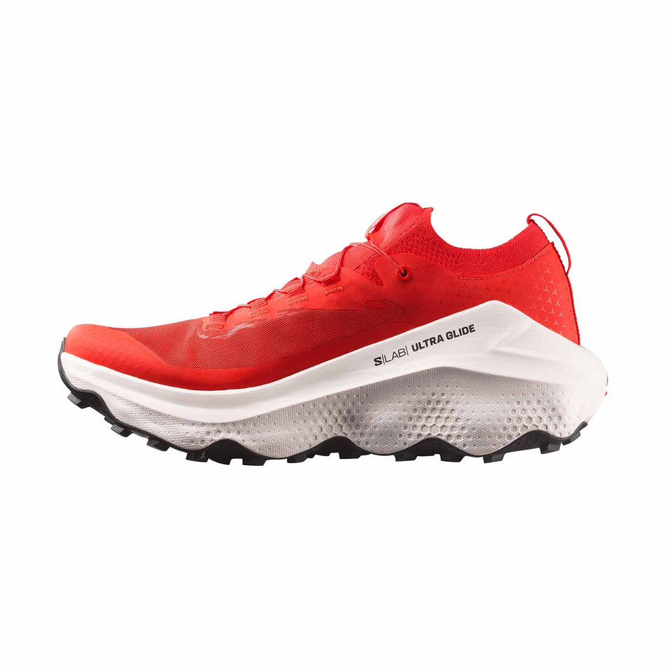 Medial view of the right shoe from a pair of Salomon Unisex S/Lab Ultra Glide 2 Trail Running Shoes in the Fiery Red/Fiery Red colourway.