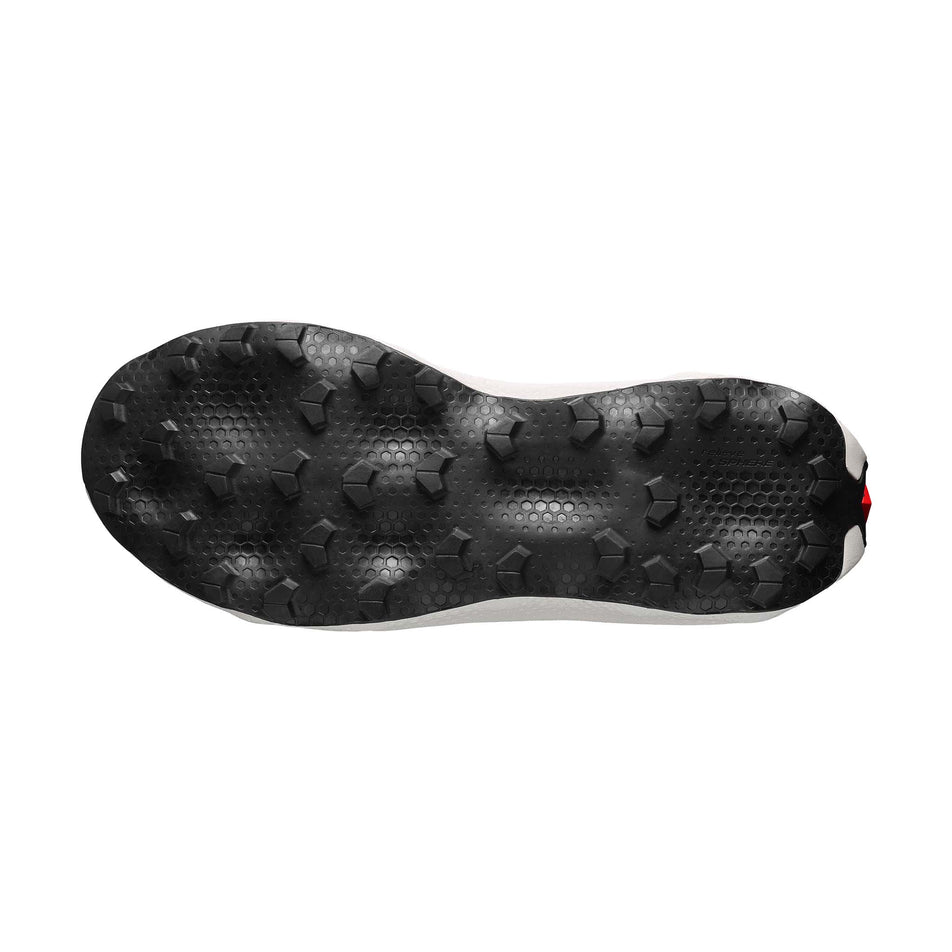 The outsole of the right shoe from a pair of Salomon Unisex S/Lab Ultra Glide 2 Trail Running Shoes in the Fiery Red/Fiery Red colourway.