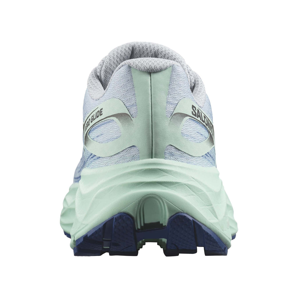 Back of the right shoe from a pair of Salomon Women's Aero Glide 2 Running Shoes in the Pearl Blue/Yucca/Clematis Blue colourway (7772908159138)