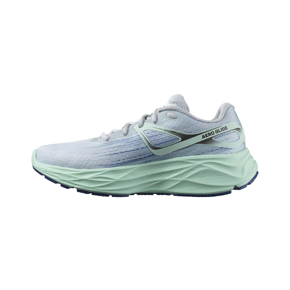 Medial side of the right shoe from a pair of Salomon Women's Aero Glide 2 Running Shoes in the Pearl Blue/Yucca/Clematis Blue colourway (7772908159138)