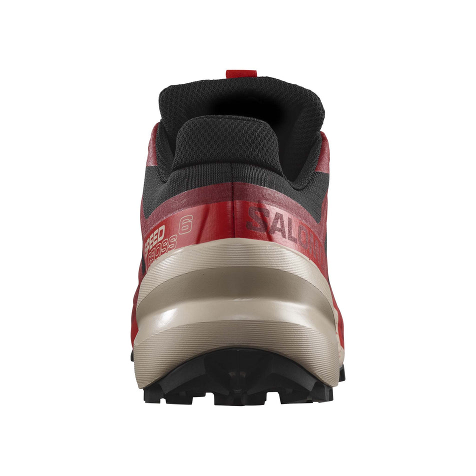 Back of the right shoe from a pair of Salomon Men's Speedcross 6 GORE-TEX Running Shoes in the Black/Red Dalhia/Poppy Red colourway (7986257232034)