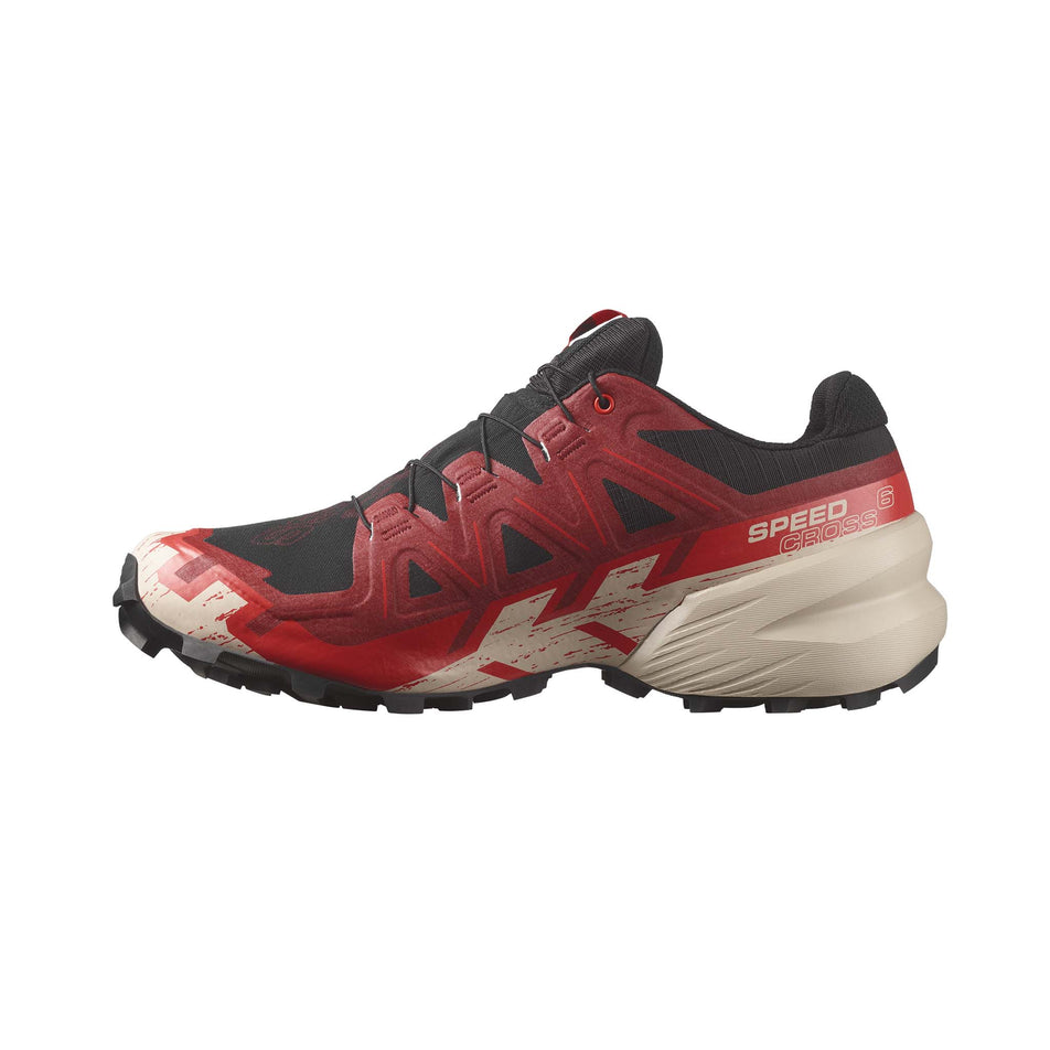 Medial side of the right shoe from a pair of Salomon Men's Speedcross 6 GORE-TEX Running Shoes in the Black/Red Dalhia/Poppy Red colourway (7986257232034)