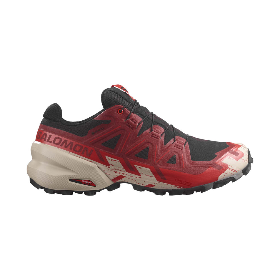 Lateral side of the right shoe from a pair of Salomon Men's Speedcross 6 GORE-TEX Running Shoes in the Black/Red Dalhia/Poppy Red colourway (7986257232034)