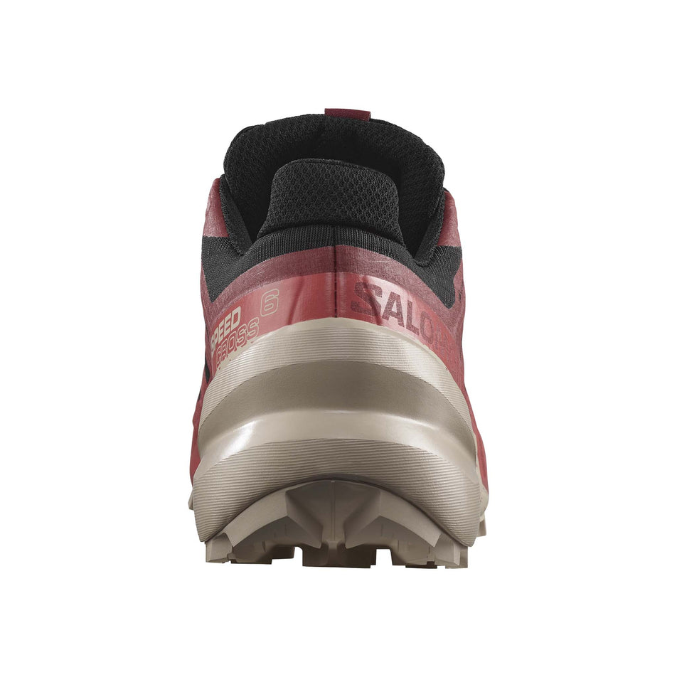 Back of the right shoe from a pair of Salomon Women's Speedcross 6 GORE-TEX Running Shoes in the Black/Cow Hide/Faded Rose colourway (7986302025890)