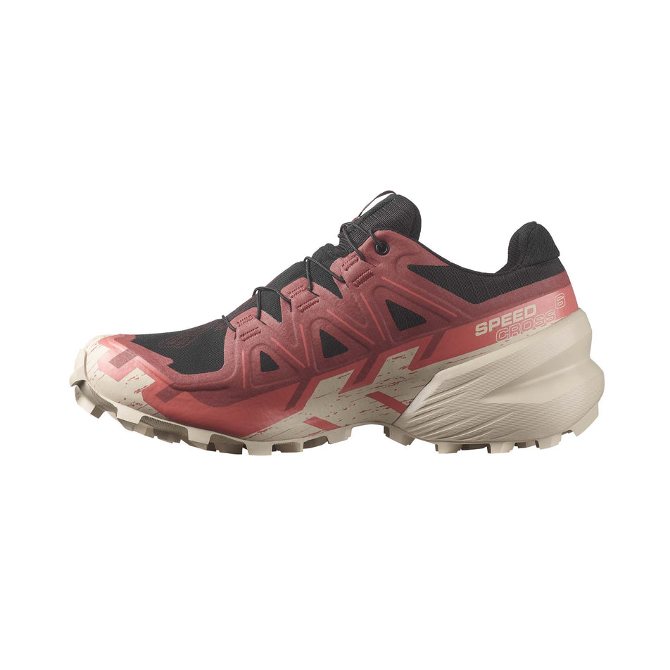 Medial side of the right shoe from a pair of Salomon Women's Speedcross 6 GORE-TEX Running Shoes in the Black/Cow Hide/Faded Rose colourway (7986302025890)
