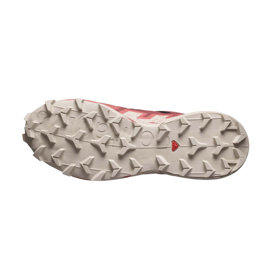 Outsole of the right shoe from a pair of Salomon Women's Speedcross 6 GORE-TEX Running Shoes in the Black/Cow Hide/Faded Rose colourway (7986302025890)