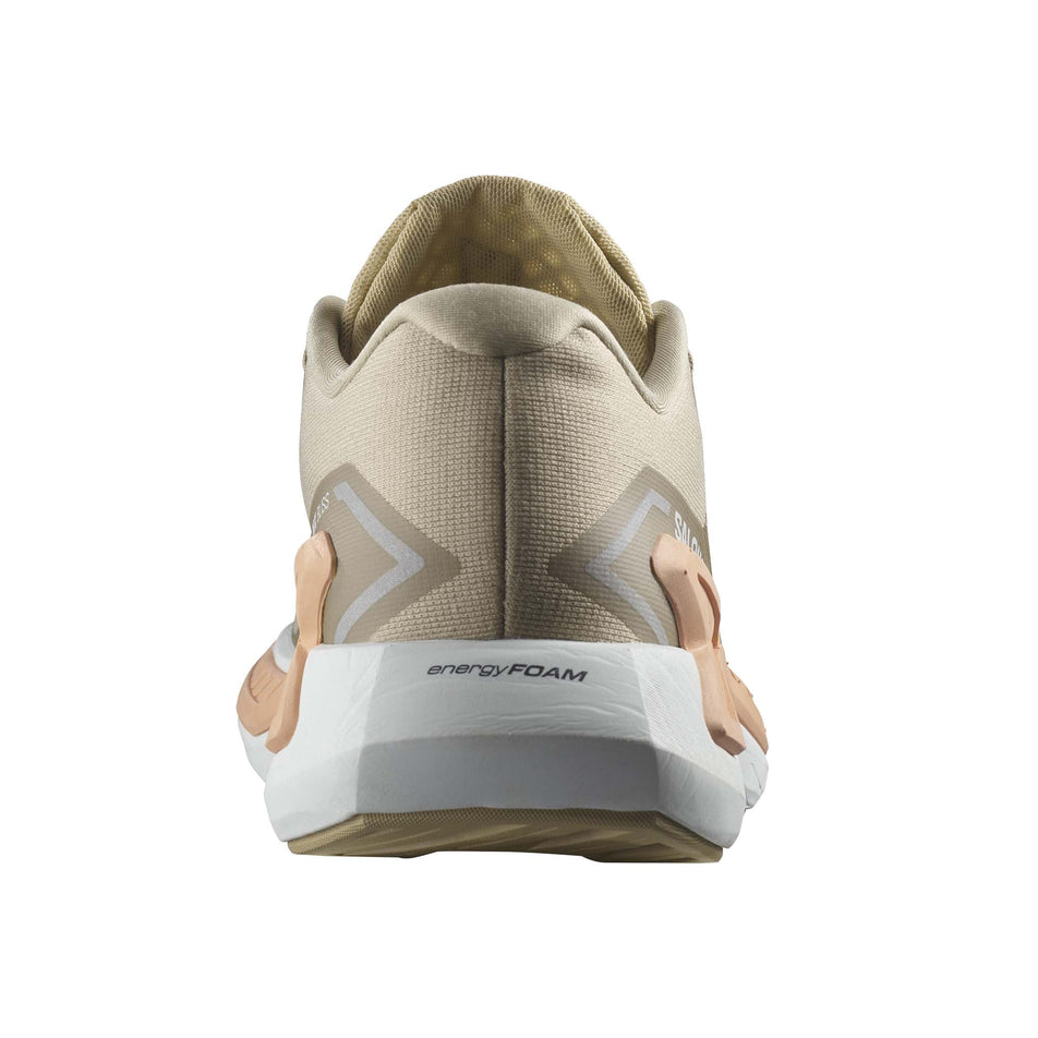 The back of the right shoe from a pair of Salomon Women's DRX Bliss Running Shoes in the Safari/Cantaloupe/White colourway (7986347442338)